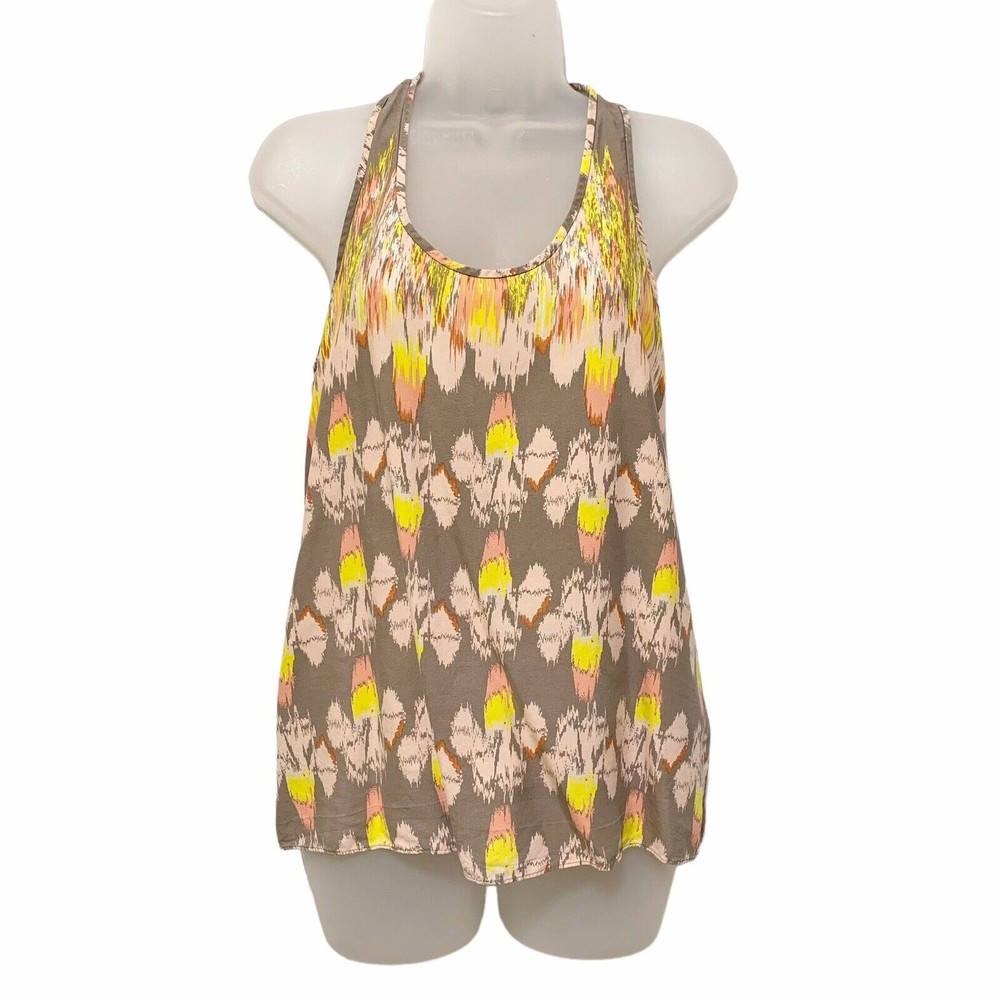 Tibi Peach Cream Yellow Ikat Print Sleeveless 100% Silk Blouse Size 0?